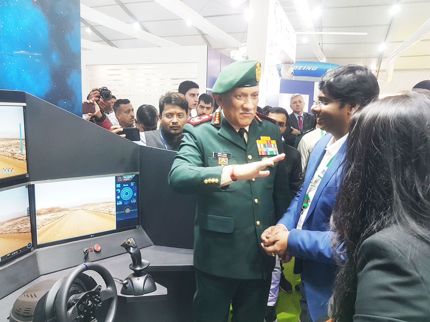 Chief of Defence Gen. Bipin Rawat fascinated seeing the Armoured UGV SOORAN displayed by Defence Master at DEFEXPO, Lucknow