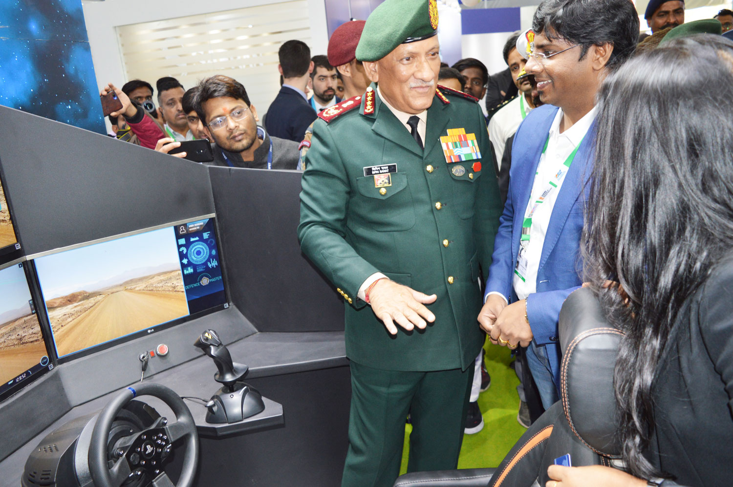 Chief of Defence Gen. Bipin Rawat fascinated seeing the Armoured UGV SOORAN displayed by Defence Master at DEFEXPO, Lucknow