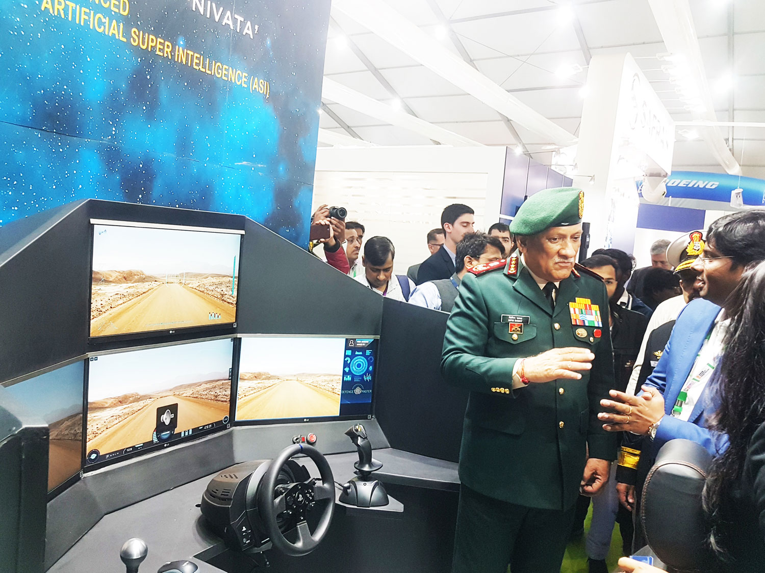 Chief of Defence Gen. Bipin Rawat fascinated seeing the Armoured UGV SOORAN displayed by Defence Master at DEFEXPO, Lucknow