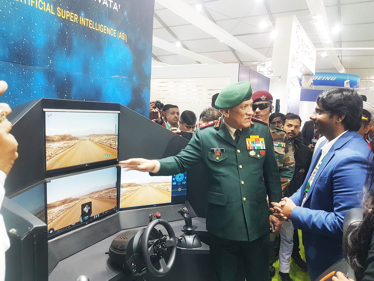 Chief of Defence Gen. Bipin Rawat fascinated seeing the Armoured UGV SOORAN displayed by Defence Master at DEFEXPO, Lucknow